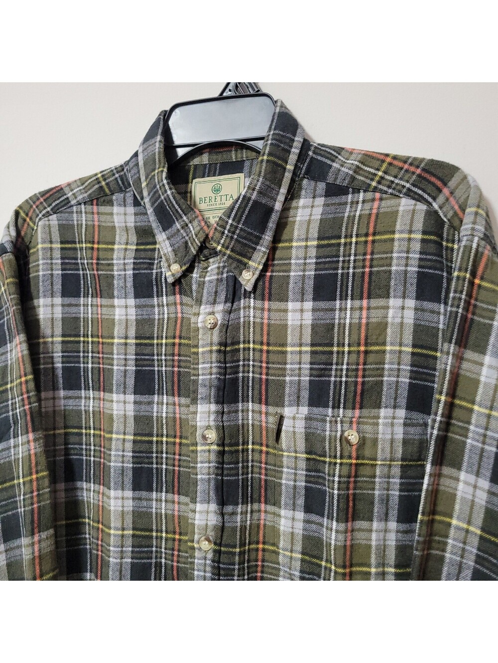 Beretta Button Down Shirt Mens L Green Plaid Long Sleeve Cotton Outdoor Casual